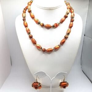 Vintage Art Glass Bead Necklace & Earrings Set Orange Gold Tone 34 Inches